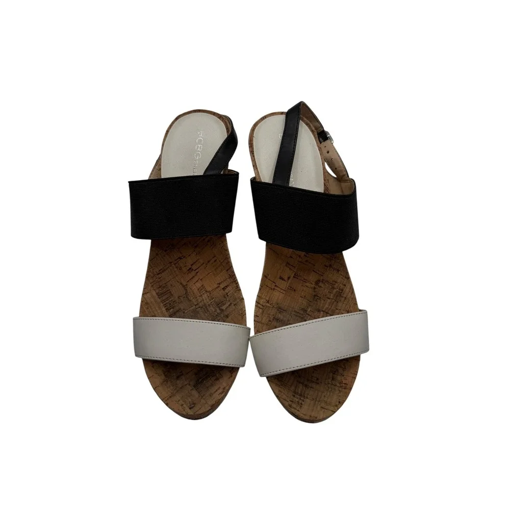 BCBGeneration Heels Women's 7.5B Black Cream Strappy Sandals‎ Cork Platform